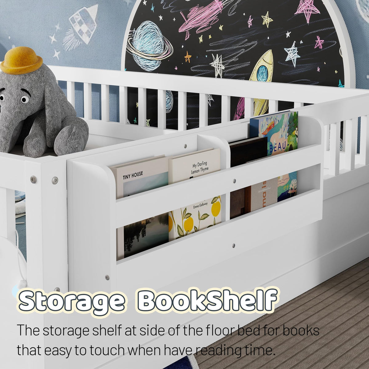 Twin Size Floor Bed with High Rails, Solid Wood Montessori Bed with Lights & Storage Shelf for Baby,Kids Bed Frame for Girls, Boys, Floor Bed Frame Without Slats,White