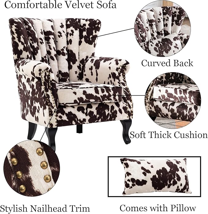 DM Furniture Cow Print Accent Chairs Set of 2 with Arm Comfy Velvet Living Room Chair Mid-Century Modern Wingback Side Chair Single Sofa Couch for Bedroom Guest Room