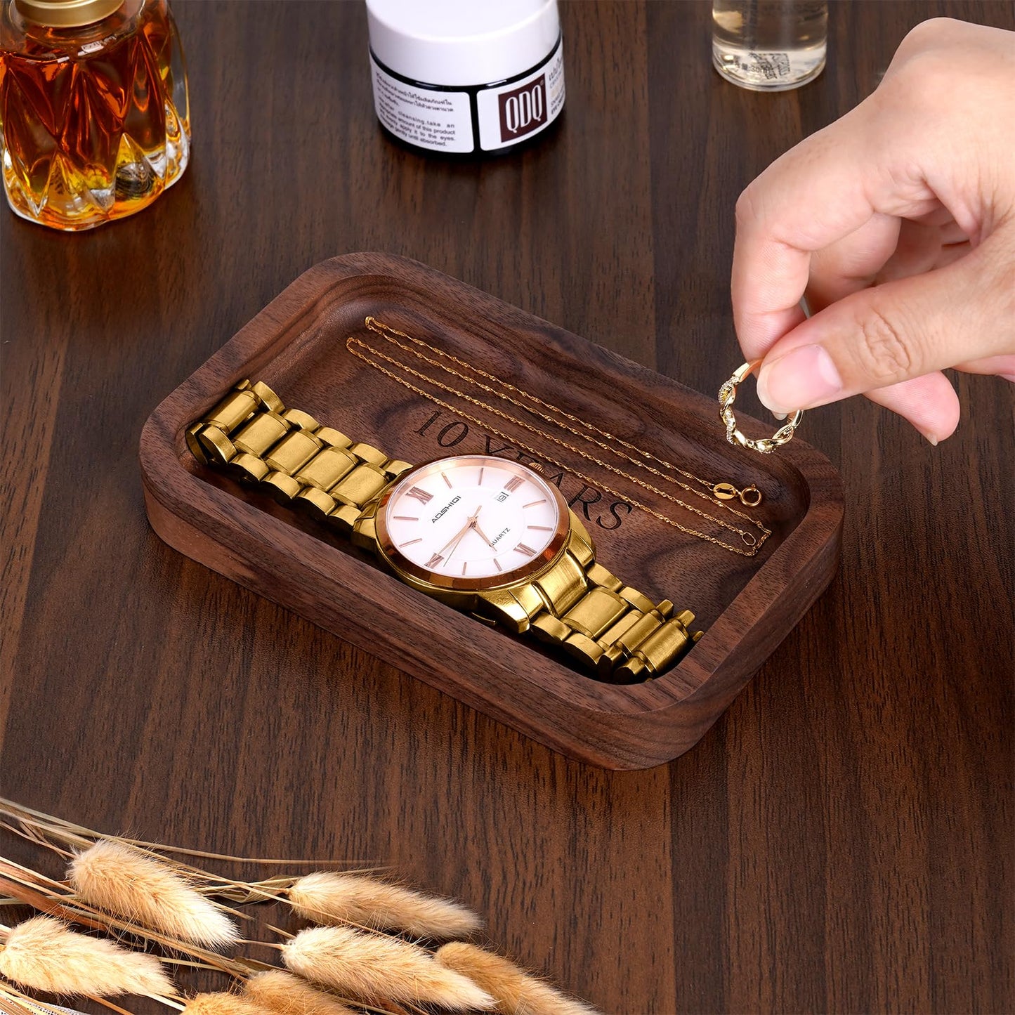 10 Years Anniversary Wood Tray Gifts for Him/Her, Wooden Engraved Ring Dish, Wood Trinket Dish for Wedding Anniversary, Birthday, Valentines Day Gifts for Husband, Wife - 5.5x3.5 Inch