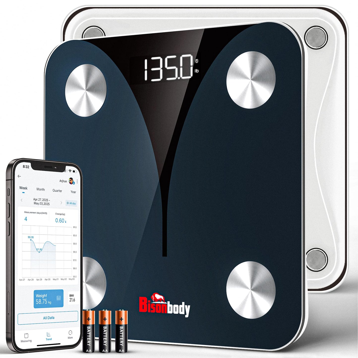 Bisonbody Smart Digital Body Scale – Detects 20 Body Composition Metrics Including Weight, BMI, Body Fat, and Much More – Connects to Smartphone App – Supports 8 Users – Digital Family Scale