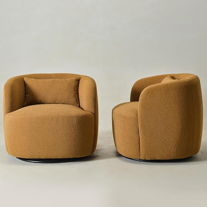 KINWELL 34" Wide Boucle Swivel Barrel Chairs Set of 2, No Assembly Round Upholstered Armchairs Accent Chairs Single Sofa Chair with Toss Pillow for Living Room and Bedroom, Brown