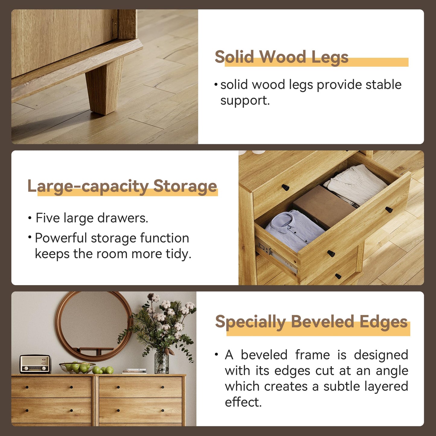 FENSULN 5 Drawer Dresser for Bedroom, Tall Modern Chest of Drawers, Beveled Profile Design, Wood Drawer Organizer for Bedroom, Living Room, Hallway and Entryway,Oak