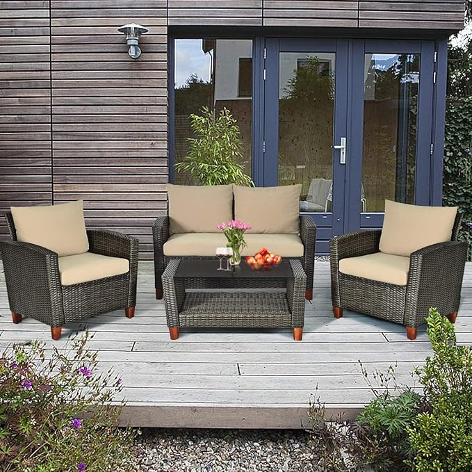 HAPPYGRILL 4 Pieces Patio Conversation Set Outdoor Rattan Wicker Furniture Set Sectional Wicker Sofa Chair & Coffee Table Set for Porch Poolside Backyard