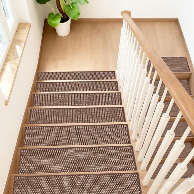 Natural Linen Non Slip Stair Treads, 15 Pack 8" X 30" Carpet Stair Treads with Reusable TPE Adhesive Backing, Non Slip Stair Runner Indoor for Kids Elders and Pets, Machine Washable, Brown Weave