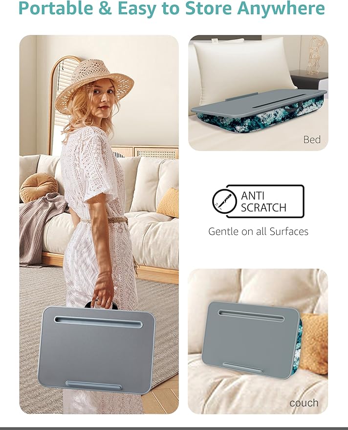 Millhome Lap Desk | Portable Laptop Desk – Fits Up to 15.6" Laptops –Detachable & Washable, Phone Holder, Device Ledge – for Writing, Working, Reading on Bed, Couch, Sofa, Floor – Blue Waves (Small)