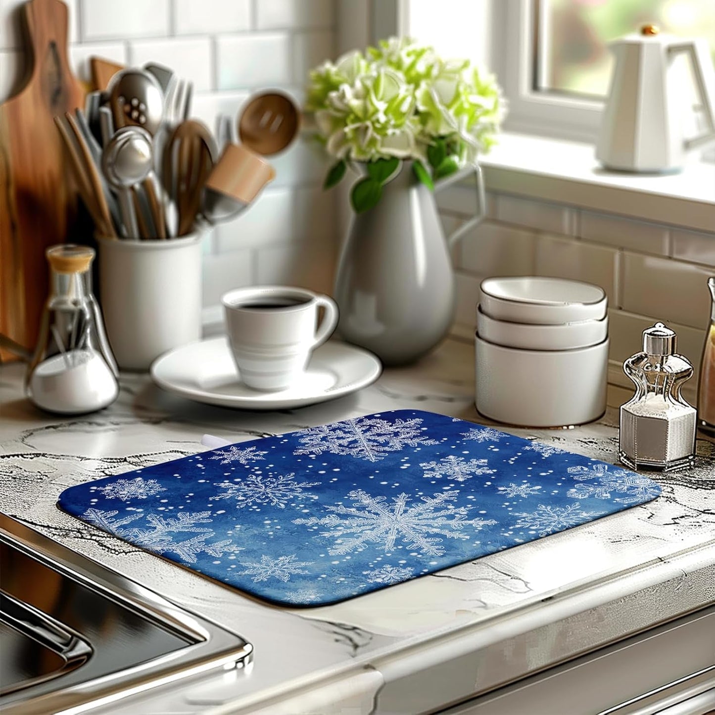 Winter Blue Snowflake Dish Drying Mat for Kitchen Counter Merry Christmas Snowflakes Drying Mats Xmas Holiday Dish Draining Mat Microfiber Absorbent Dish Drainer Rack Pad 16x18 Inch
