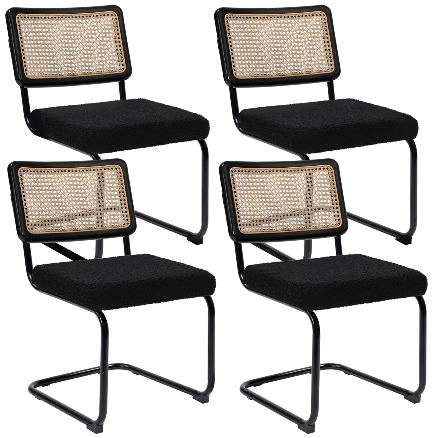 KROFEM Modern Cesca Cane Dining Chairs, Set of 4, Handwoven Rattan Cane Back, Chrome Base, Upholstered Boucle Seat, Ideal for Kitchen or Dining Room, Black
