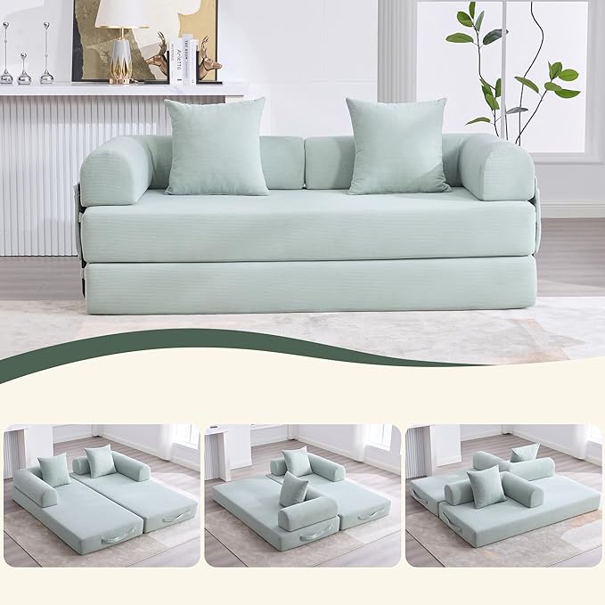 ZEIINPA Convertible Sleeper Sofa Bed, Folding Floor Sofa Bed with Fixed-Shape Frame, Corduroy Floor Sleeper Sofa with Storage Pocket, Futon Boneless Sofa Couch for Living Room, Mint Blue