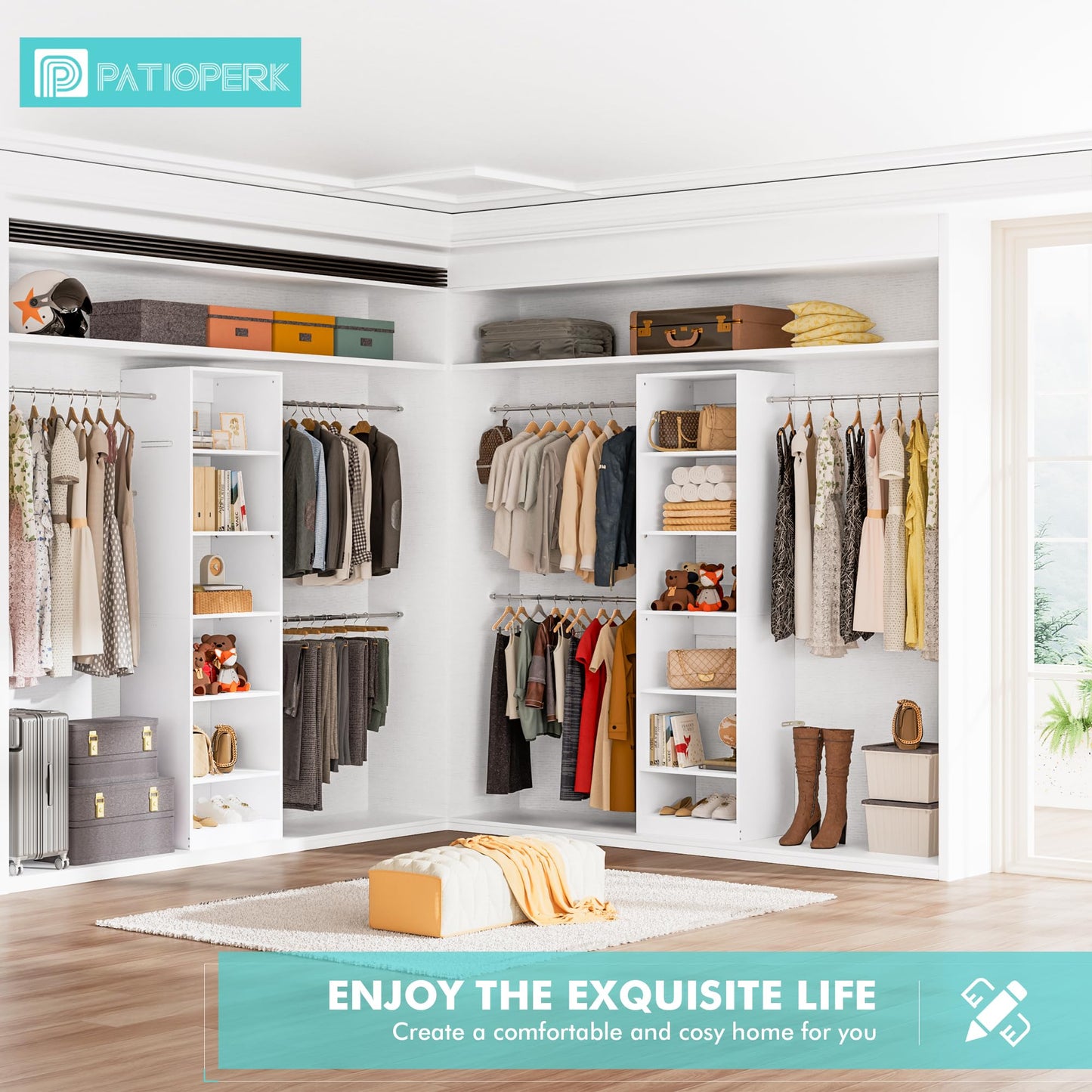 PatioPerk Walk in Closet Organizer System - Built-in Garment Rack with 6 Shelves and 3 Extendable Hanging Rods, Wall Mounted Clothes Organizers Storage Systems for Bedroom