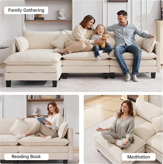 Opiesit 108" Modular Sectional Couches for Living Room with Ottoman, L Shaped Cloud Couch with Charger, USB & Type-c Port, Comfy 4 Seats Sofas with Deep Seat, Chenille Fabric, Beige