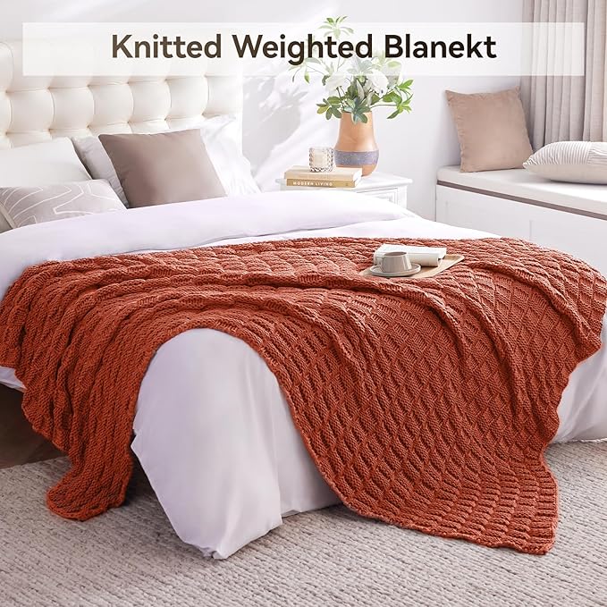 Knitted Weighted Blanket Adult, No Beads Heavy Blanket 70” x 90'' 20lbs, Breathable Chunky Knit Blanket, Cooling Weighted Blanket for Hot Sleepers, Christmas Home Decor (Orange)