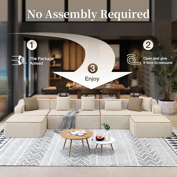 SUNSHINE VALLEY U Shaped Boneless Modular Cloud Couch, 162'' Oversized Corduroy Sectional Sofa for Living Room, 6-Seat Upholstered Modern Couch with Deep Seat, No Assembly Required, Beige