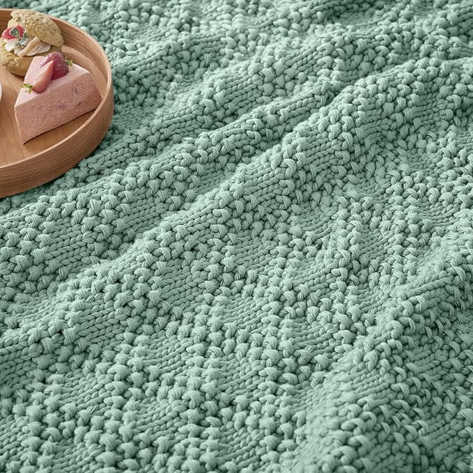 Knitted Weighted Blanket for Adult, Chunky Knit Weighted Throw for Sleep 60"*80" 12lbs, Cooling Breathable Machine Washable Heavy Blanket for Room Decor (HazeGreen, Queen)