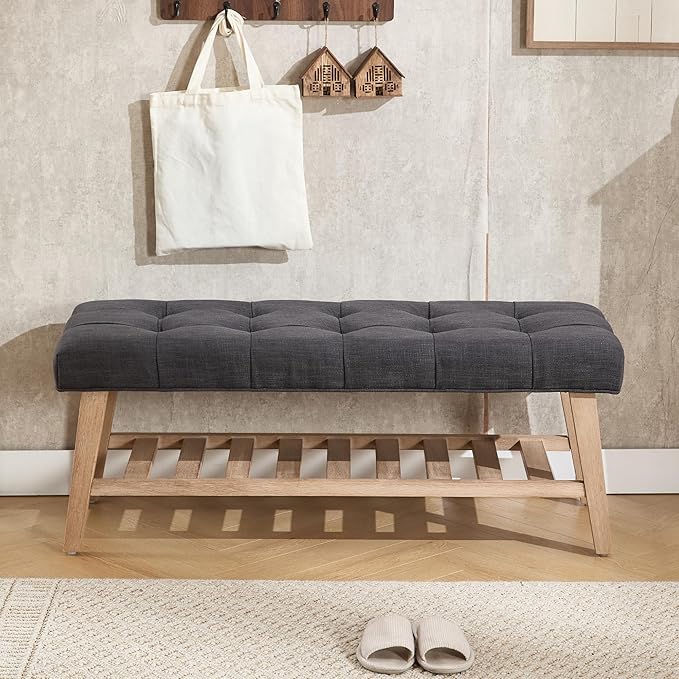 Janoray Entryway Shoe Bench Storage Benches with Upholstered Button Tufted Seat and Open Slatted Shelf Linen Ottoman Bench for Hallway Living Room Bedroom End of Bed, Charcoal