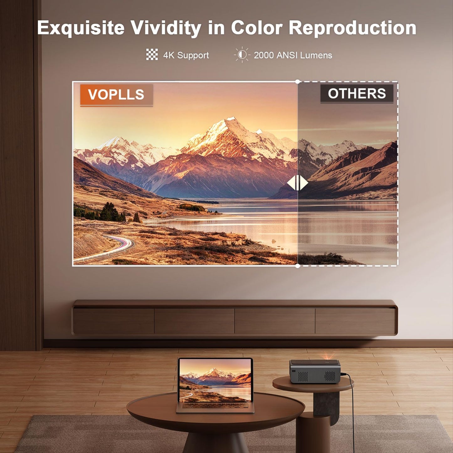 [2000 ANSI & Officially-Licensed APP] 4K Smart Projector with WiFi and Bluetooth, Auto Focus & Keystone, VOPLLS Native 1080P Portable Outdoor Projector, Mini Movie Proyector for Bedroom/Home