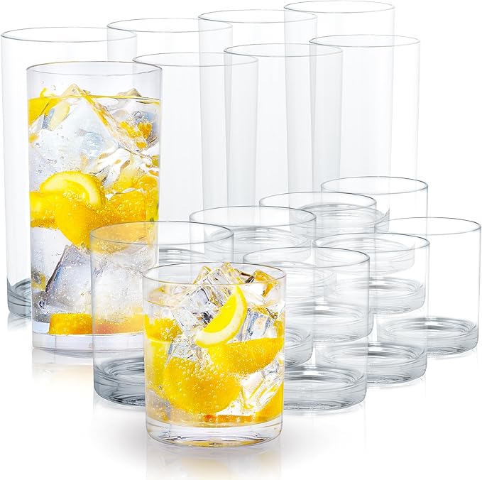 Zulay Kitchen Acrylic Plastic Glasses Drinkware - 16 Piece Unbreakable Drinking Glasses - BPA-Free, Reusable Plastic Tumbl...