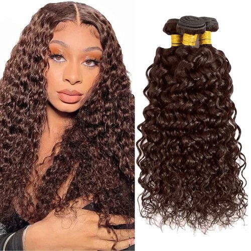 Fabimiya 18 20 22 Inch Human Hair Bundles Brown 4# Water Wave Bundles Human Hair Unprocessed Soft Sewn In Hair with Double Weft for Black Women