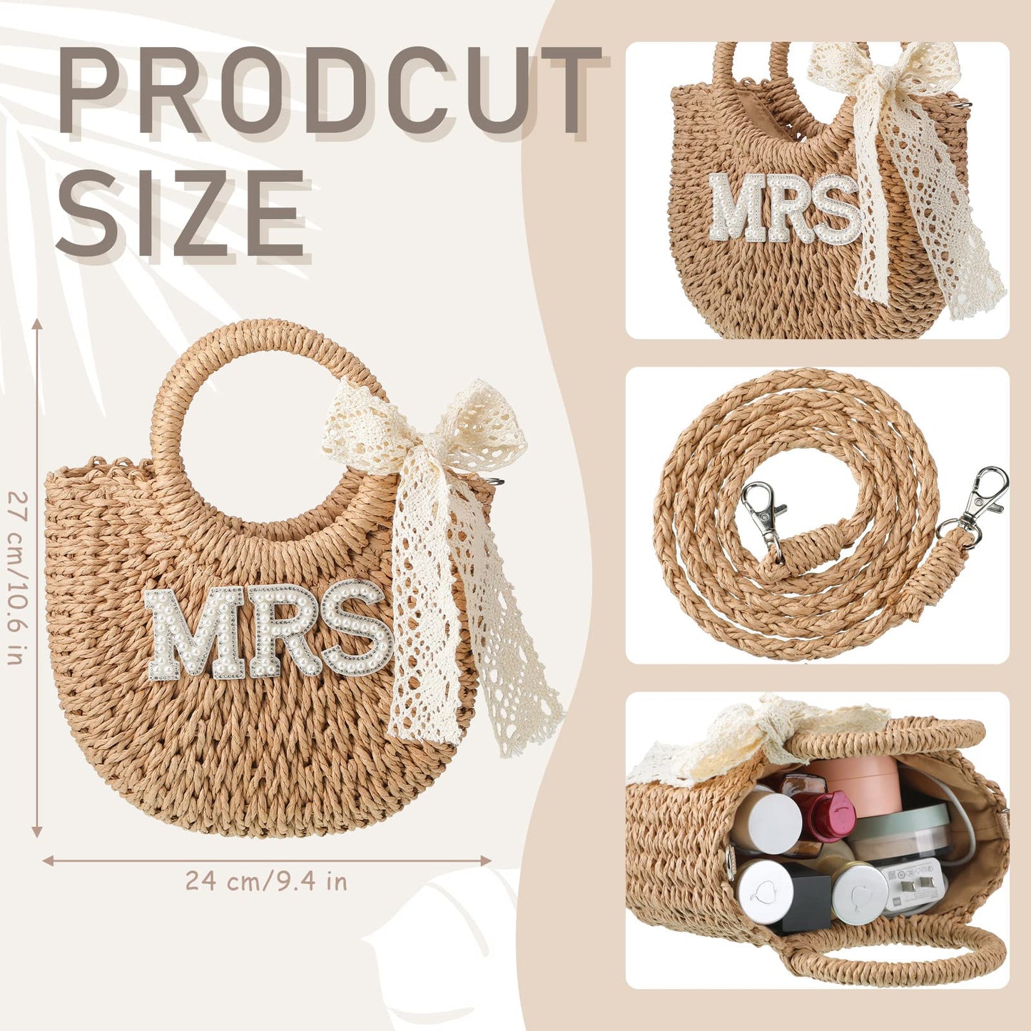 Pinkunn Bride Gift Bride Straw Purse Mrs Handwoven Bag Rhinestone Letter Bag Bachelorette Honeymoon Wedding Bridal Shower(MRS)