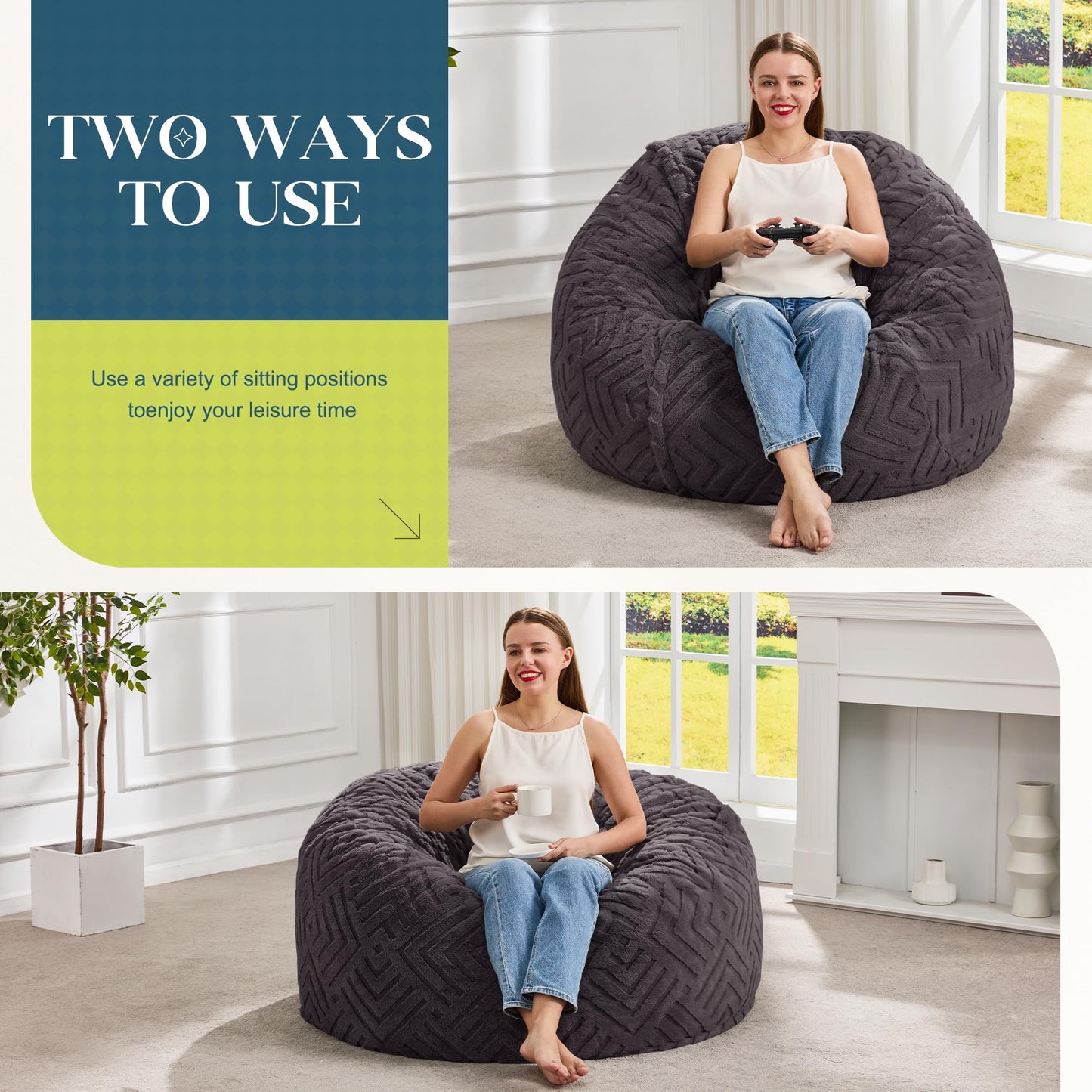 Hobestluk Bean Bag Chairs Adults Beanbag Chair with Filler Large Bean Bags with Fluffy Embossed Cover, Giant Bean Bag Chairs for Adults (Dark Grey, 3FT - 36” x 36” x 22”)