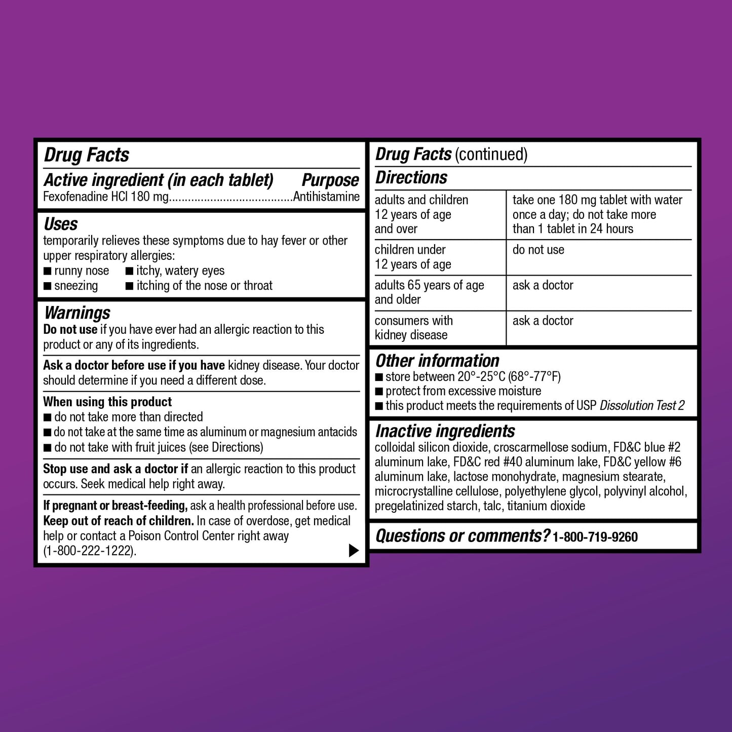 Amazon Basic Care All Day Allergy Relief, Fexofenadine Hydrochloride Tablets, 180 mg, Antihistamine, Non-Drowsy, 24-Hour Relief, 30 Count (Pack of 2)