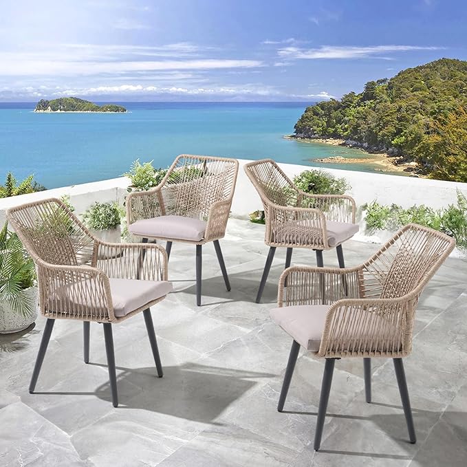 Patiorama Patio Dining Chair Set of 4, Woven Rope Outdoor Dining Chairs w/Steel Frame, All-Weather Twisted Rattan Chairs w/Armrest & Cushion, Outdoor Dining Wicker Chairs for Backyard Garden(Beige)