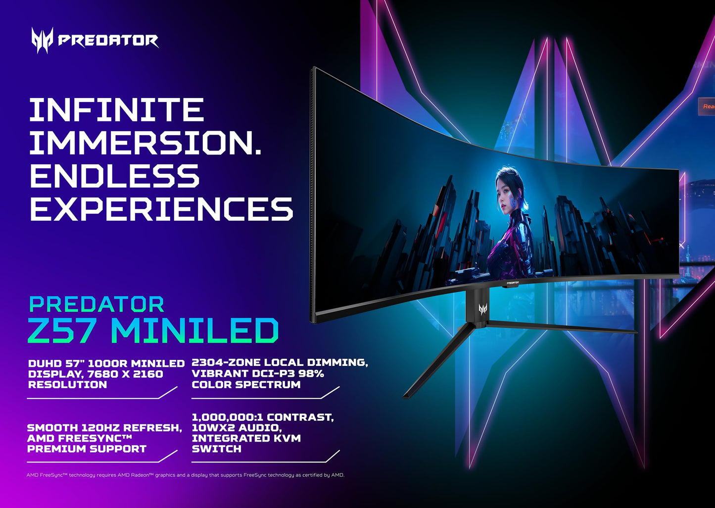 acer Predator Z57 | 57" DUHD 7680 x 2160 Mini LED 1000R Curved Gaming Monitor | AMD FreeSync Premium | 120Hz | 1ms | VESA DisplayHDR 1000| DCI-P3 98% | KVM Switch | USB Type-C, DP 1.4 & 2 x HDMI 2.1
