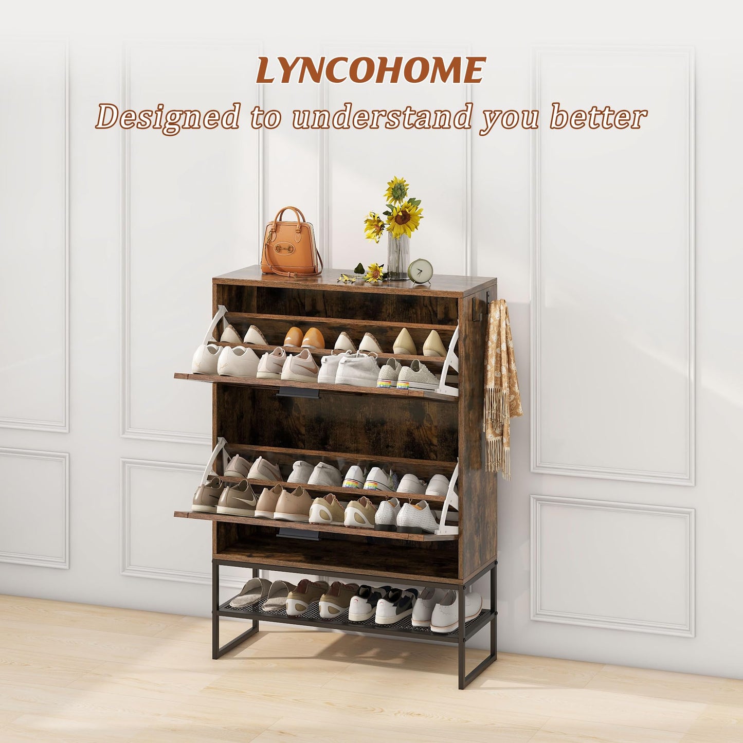 LYNCOHOME Shoe Storage Cabinet with 2 Flip Drawers, Farmhouse Shoe Organizer for Entryway/Hallway, Freestanding Shoe Rack Cabinet with Wire Netting and Steel Legs, Rustic Brown