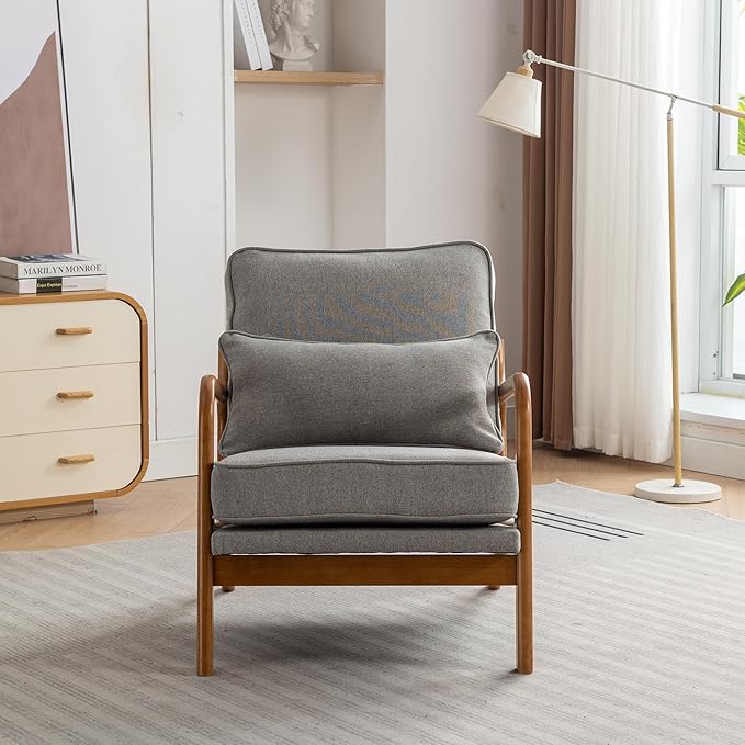 Mid-Century Accent Chair Set of 2, Linen Fabric Lounge Chair with Wide Armrest,13-16.5'' Low Seat Height Armchair with Lumbar Pillow & Solid Wood Frame for Living Room, Bedroom, Balcony(Light Gray)