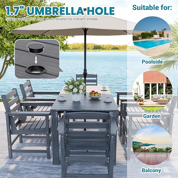 PamapicLife Outdoor HDPE Dining Table Set, 7-Piece Outdoor Dining Table Sets, Wood Grain Patio Furniture Sets with Umbrella Hole for Porch, Backyard, Gray