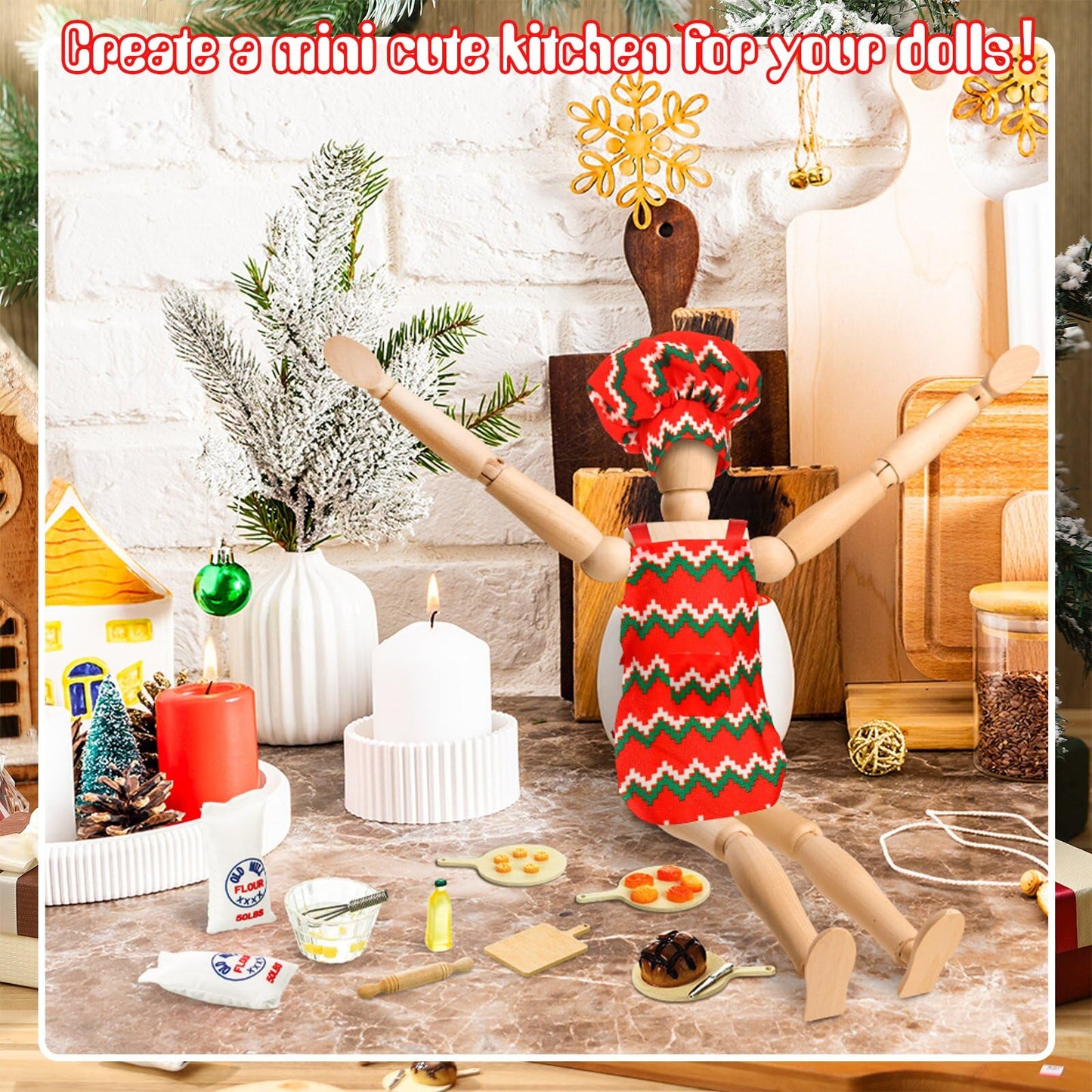 Kajaia 30 Pcs Christmas Accessories Mini Doll Baker Outfit Set Include Baking Apron and Hat Miniature Rolling Pin Flour Egg Bowl Cookie Tray Whisk, Doll is Not Included