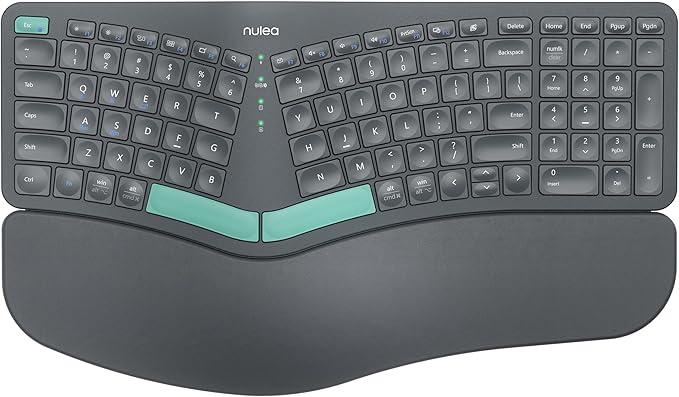 Nulea Wireless Ergonomic Keyboard, Split Keyboard with Cushioned Wrist Rest, USB and Bluetooth Connectivity, USB-C Recharg...