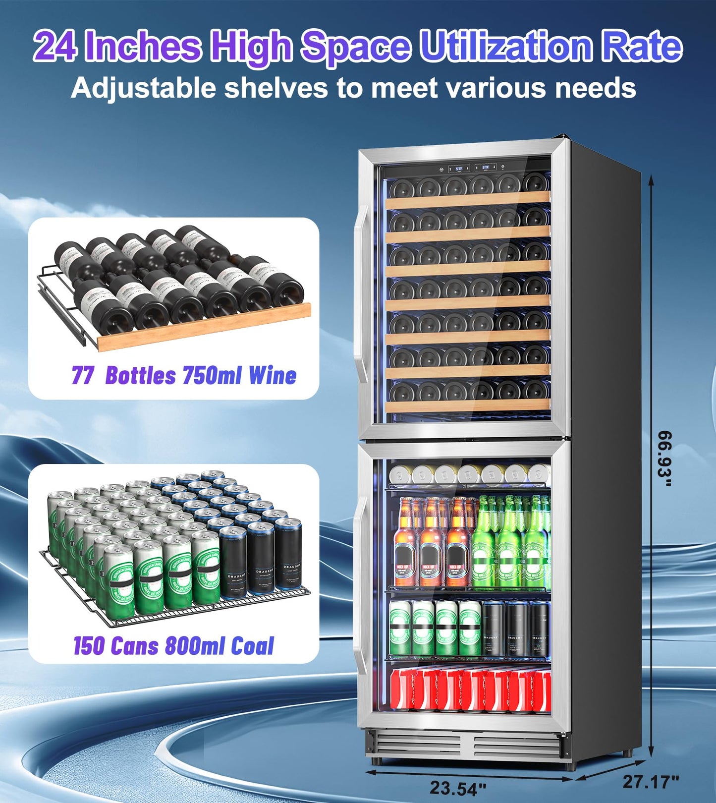 2 IN 1 Wine and Beverage Refrigerator 24", Dual Zone Wine Cooler with Safety Lock, Built-in/Freestanding Beverage Cooler for 77 Bottles 150 Cans, Quiet & Constant Fast Cooling for Home Kitchen Bar