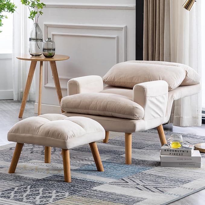 CANMOV Modern Accent Chair with Ottoman, Soft Fabric Armchair with Adjustable Backrest and Side Pockets, Comfy Lounge Chair for Living Room, Bedroom, Apartment, Office, Beige