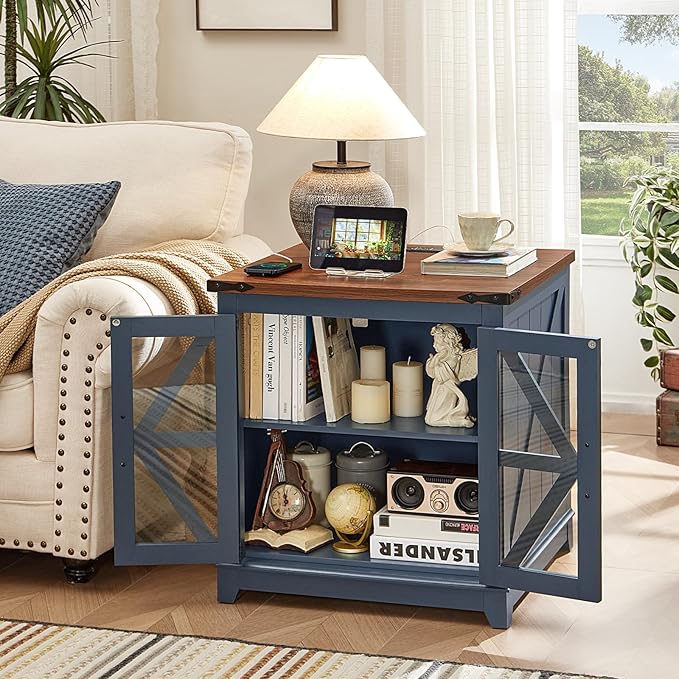 Joaxswe Farmhouse End Table with Charging Station Set 2, 24" Large Sofa Side Table with Glass Barn Door, Blue Nightstand with Adjustable Storage Shelf,Wood Square Bedside Table for Living Room,Bedroom