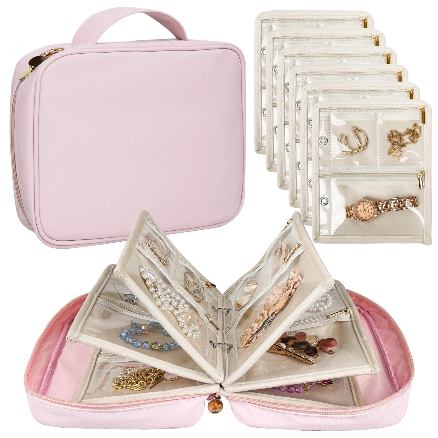 LingLingo Travel Jewelry Organizer Case,Small Jewelry Bags Jewelry Storage Book Binder with Clear Zipper Velvet Pouch for Traveling,Earrings, Rings, Necklace, Bracelet (Pink)