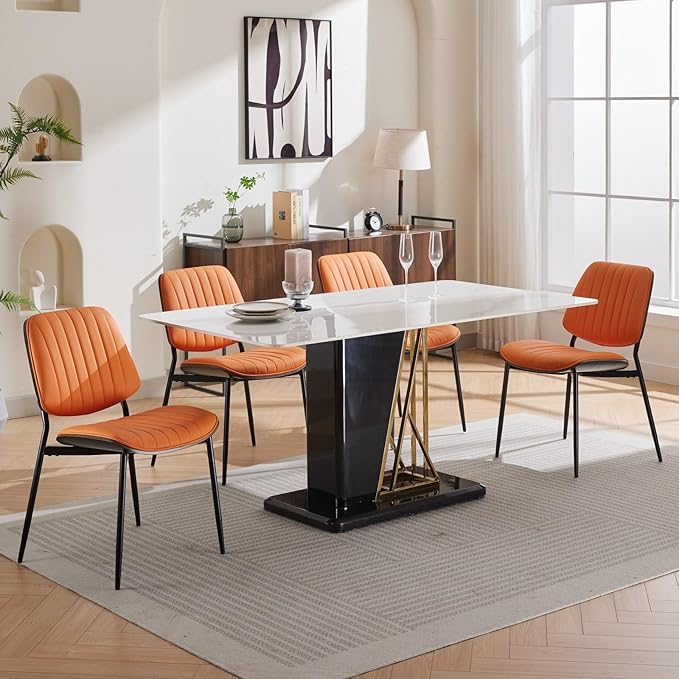 YaFiti Dining Chairs Set of 6, Mid Century Modern Accent Dining Room and Kitchen Chairs, Upholstered PU Leather Vertical Stripe Chairs for Vanity with Walnut Bentwood and Metal Legs, Orange