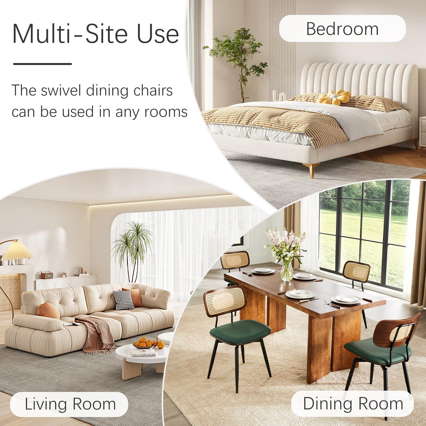 Dining Chairs, Swivel Dining Chairs Set of 2, Faux Leather & Rattan Walnut Dining Room Chairs, Bentwood & Metal Frame Upholstered Chairs with 360°Rotation, Modern Kitchen/Living Room Chairs (Green)