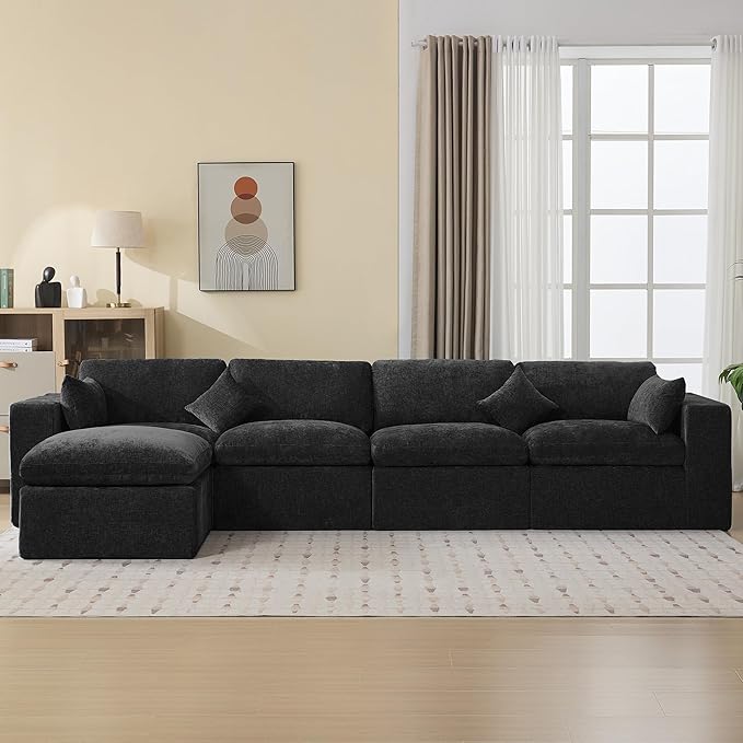155''Cloud Boneless Sectional Couch, Modular Sectional Sofa Deep Seat with Ottoman, Oversized Upholstered Convertible Comfy 5 Seater Chenille Sofa L Shape Couches for Living Room, Dark