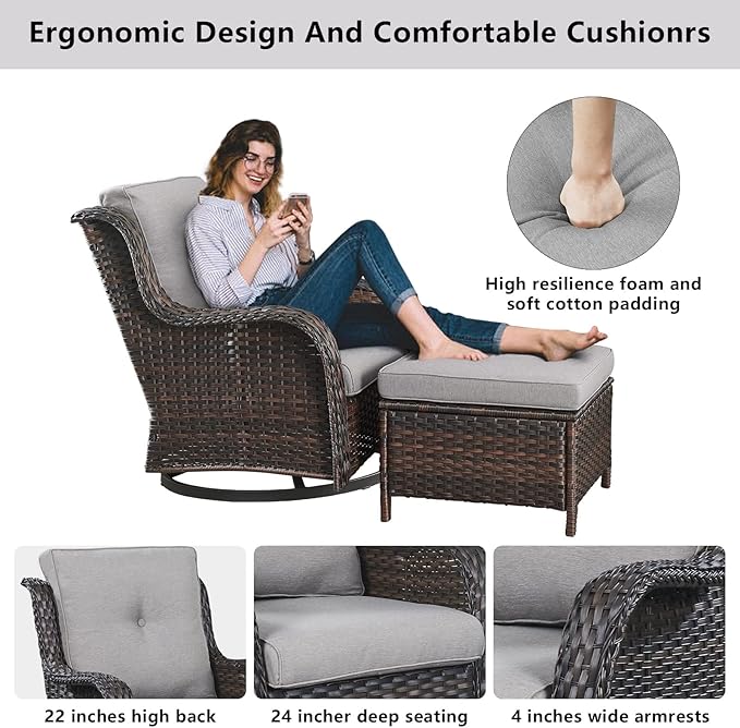 Belord Outdoor Furniture Sectional Sofa L Shaped Couch - Patio Wicker Set with 2 Swivel Glider Chairs, 8 Piece Rattan Patio Conversation Sets with Gray Cushion for Deck Backyard Sunroom Grey Cushion
