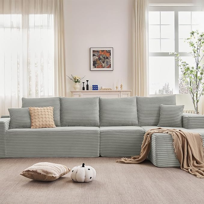 135.4" Cloud Sectional Couch with L-Shape Chaise, Modern Corduroy Boneless Couch for Living Room,Memory Foam Sofa with Deep Seat,No Assembly Required (Grey,Right-Facing Chaise)