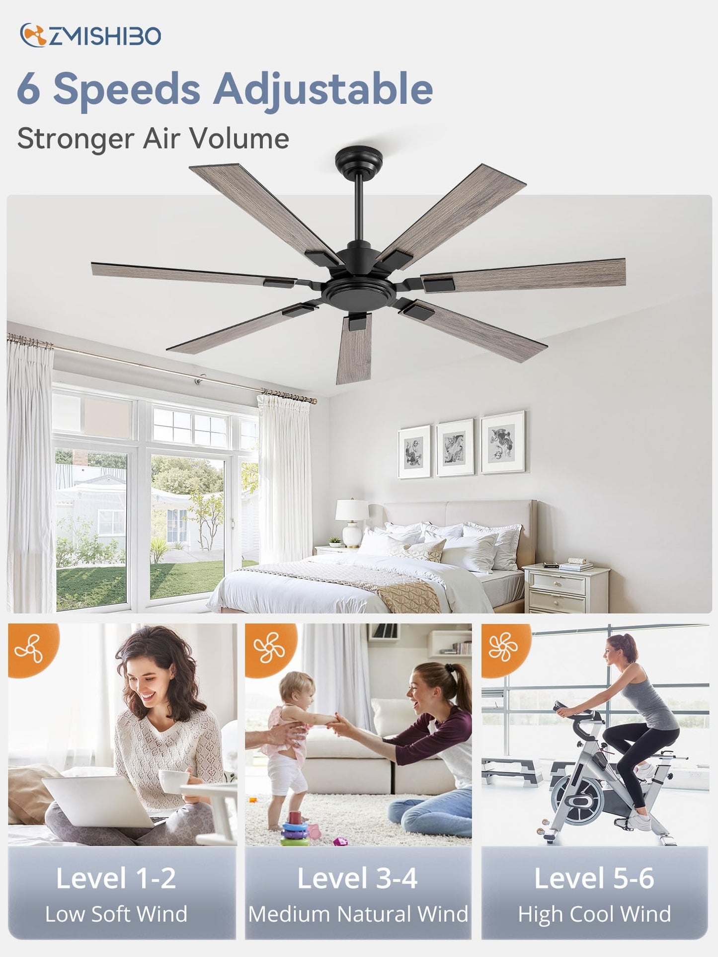 ZMISHIBO 60" Ceiling Fans No Light with Remote, Black Modern Ceiling Fan Without Light, Quiet Reversible DC Motor, 6 Speeds, 7 Blades Indoor/Outdoor Ceiling Fan for Living Room Bedroom Patio Garage