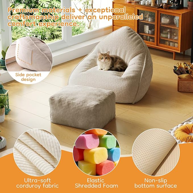 Cloud Large Bean Bag Chair with Ottoman, Corduroy Fabric+35D Memory Foam Big Beanbag Chair for Adults,Lounger Chairs Sofa Boneless Puff Chair for Living Room, Bedroom,Balcony,Playroom (Beige)