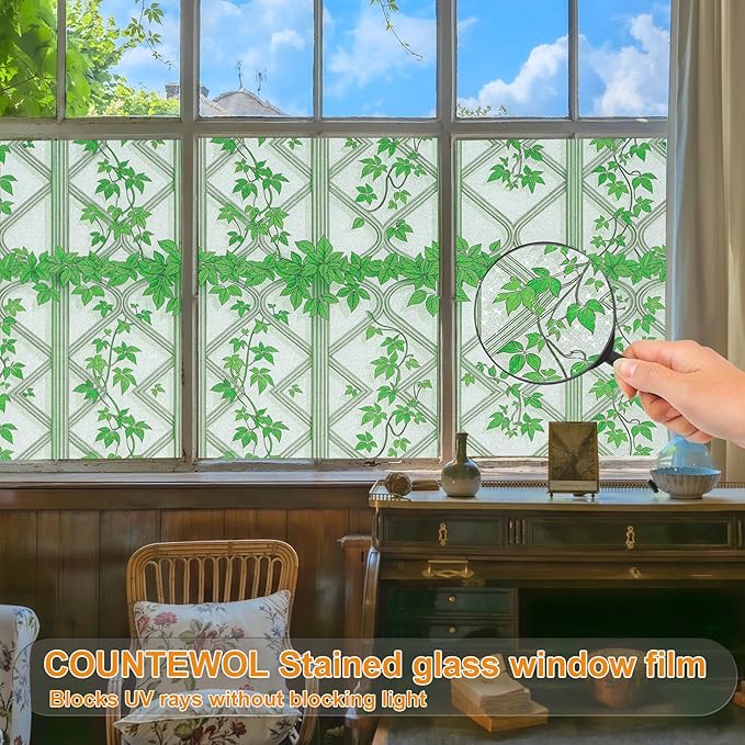 Frosted Glass Window Privacy Film with Installation Tools Removable Peep-Proof Static Cling Heat Control UV Protection Ideal for Home Office Bathroom Door(Frosted Ivy, 35.4 x 78.7 Inch)
