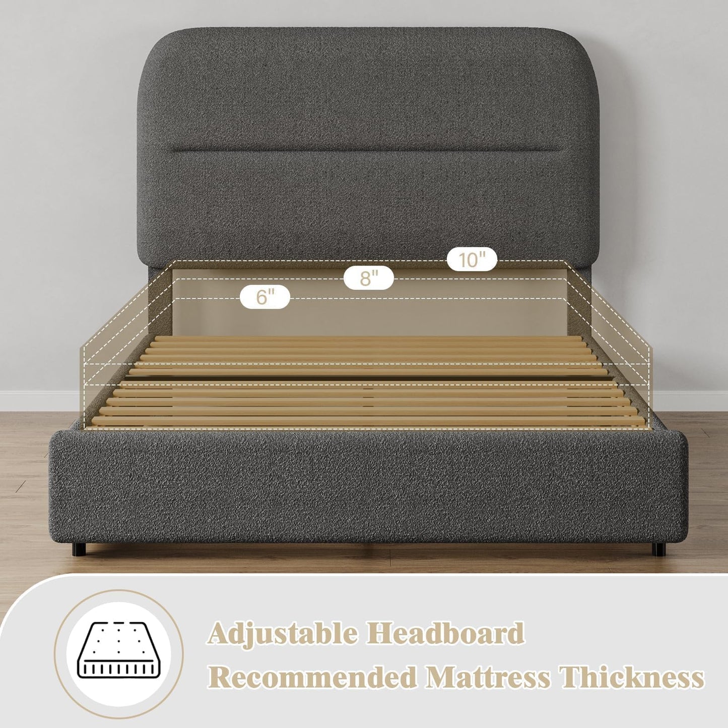 HOMBCK Twin Size Boucle Bed Frame, Upholstered Bed Frame with Rounded Headboard, Soft Modern Bed Frames with Thickened Footboard, Rounded Corners, No Box Spring Needed, Easy Assembly, Grey