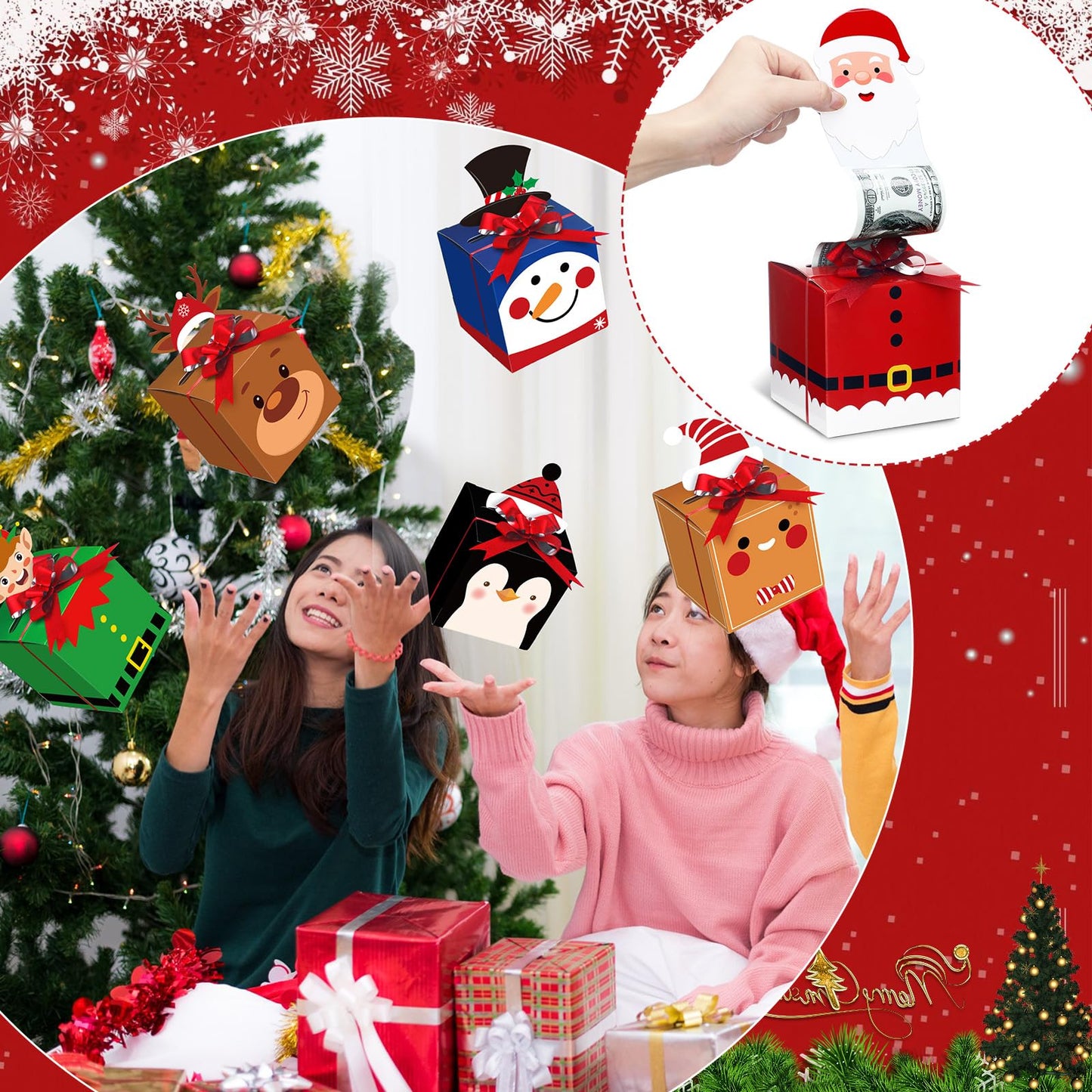 Cholemy 12pcs Christmas Money Gift Boxes for Cash Pop up Christmas Money Pull Box for Cash Gift Christmas Money Holders and Money Dispenser Snowman Elk Gingerbread with Bows for Christmas Holiday