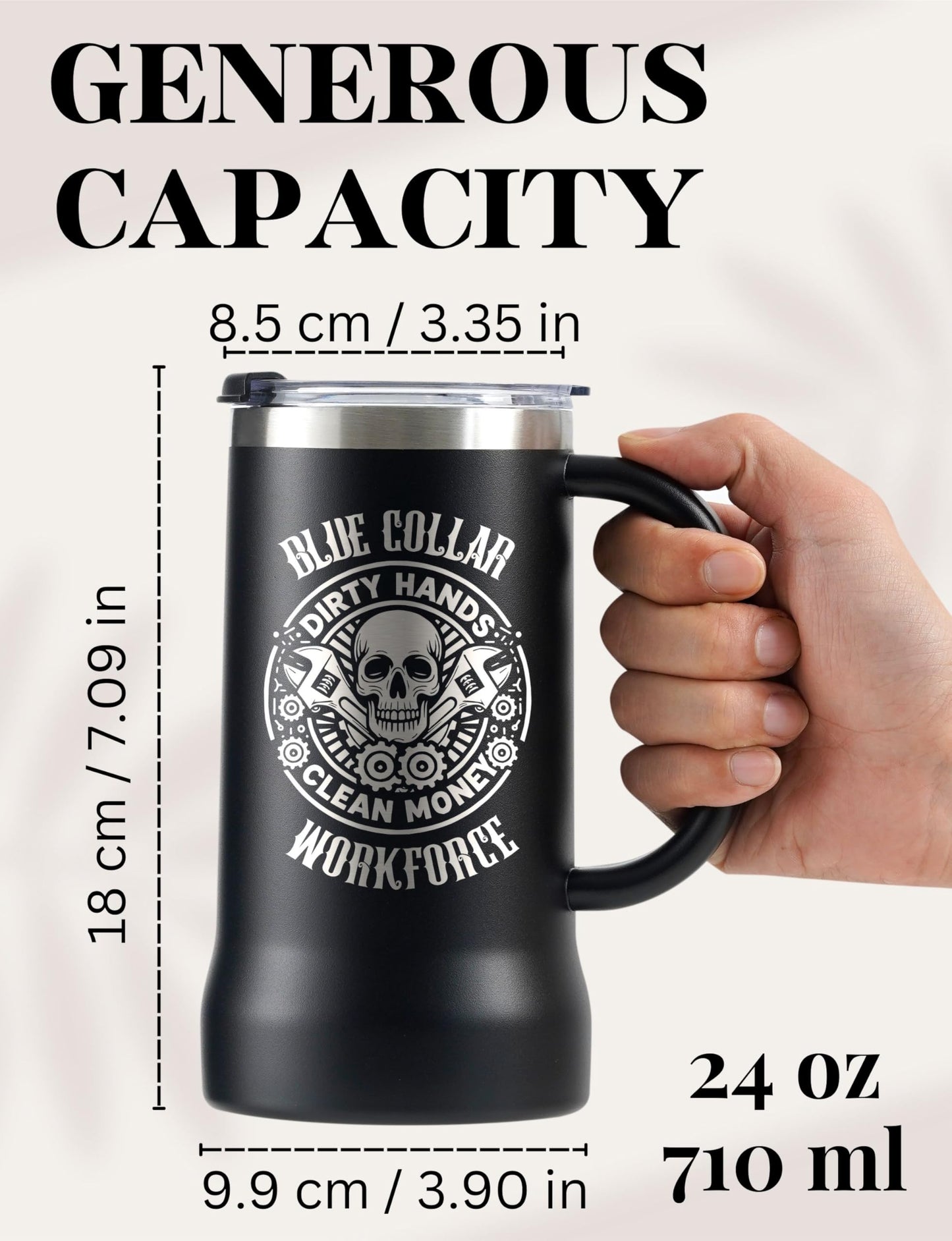Onebttl Blue Collar Gifts for Men, Boyfriend, Stainless Steel Beer Stein Tumbler, 24oz Beer Mug with Lid for Mechanic, Welder, Construction Worker