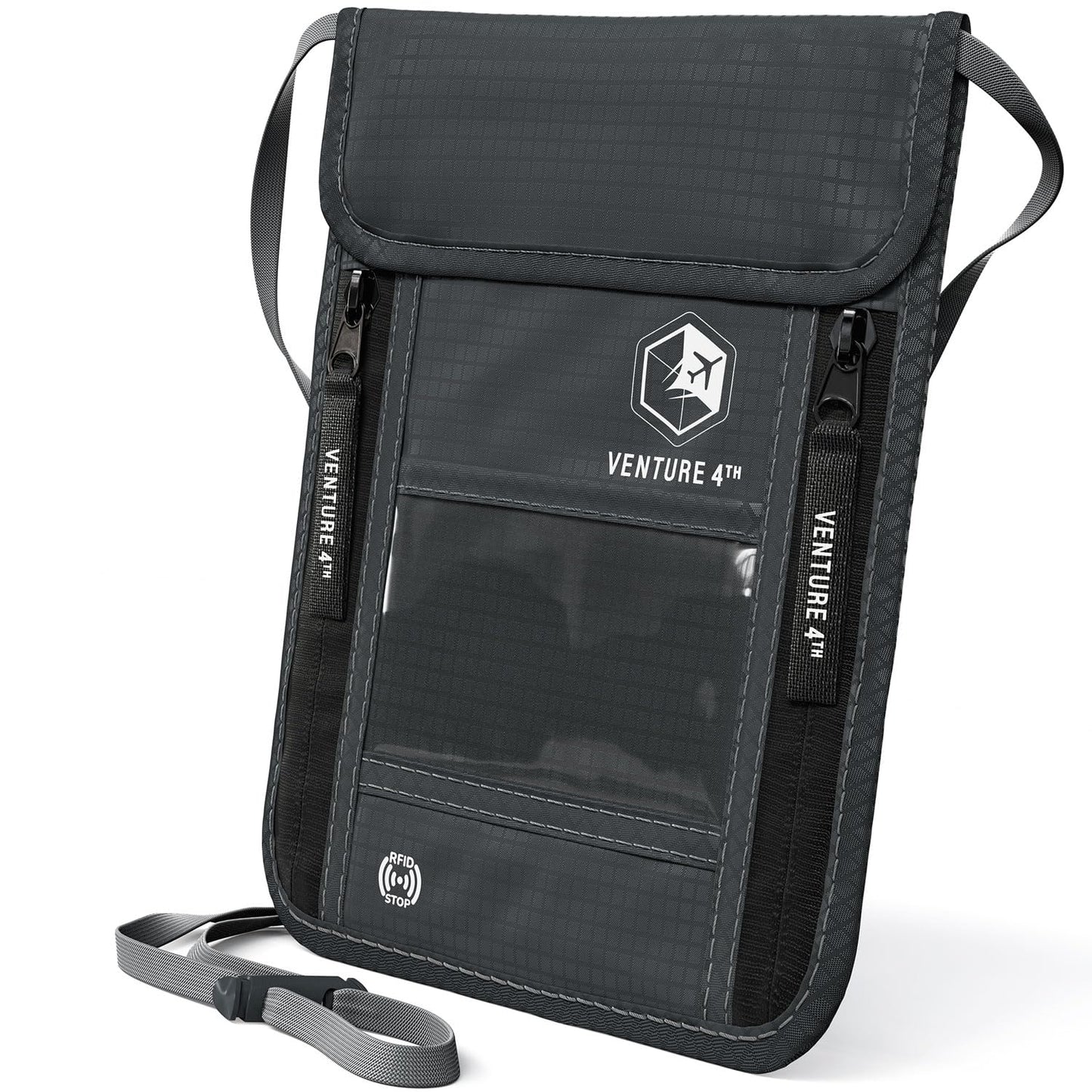 VENTURE 4TH Neck Wallet, RFID Blocking Passport Holder for Travel – Hidden Neck Pouch with 6 Compartments, Slim Lightweight Organizer with Adjustable Strap for Cash, Cards & Passport (Gray)