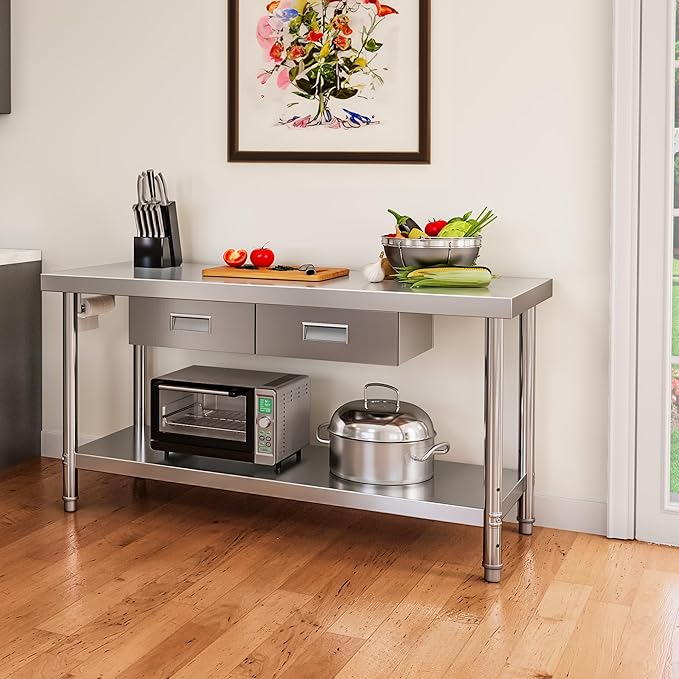 YITAHOME 60" X 24" Stainless Steel Table with Paper Towel Holder and 2 Drawers, NSF Work Table with Drawer, Metal Table Prep Table for Home Kitchen Restaurant Garage Warehouse