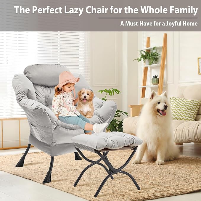 Youtanic Lazy Chair with Folding Ottoman, Accent Chair Velvet Upholstered with Metal Structure and Non-Slip Pads, Sofa Armchair with Footrest and Side Storage Bag for Dorm, Room, Office, Light Gray