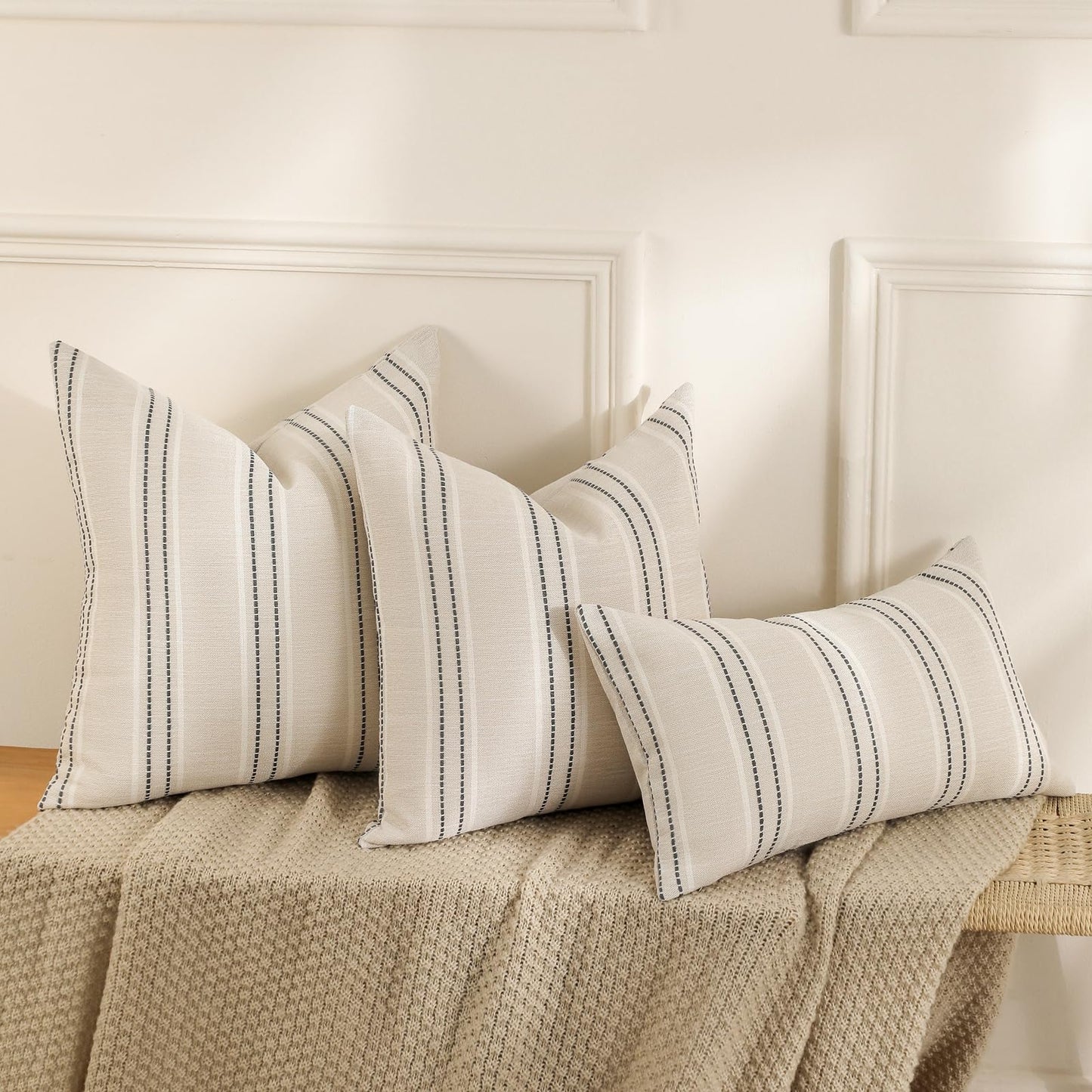 Hckot Throw Pillow Covers 20x20 Set of 2 Striped Pillow Covers Textured Linen Decorative Pillows Square Cushion Covers for Sofa Couch Bed Living Room Farmhouse Decor, Grey